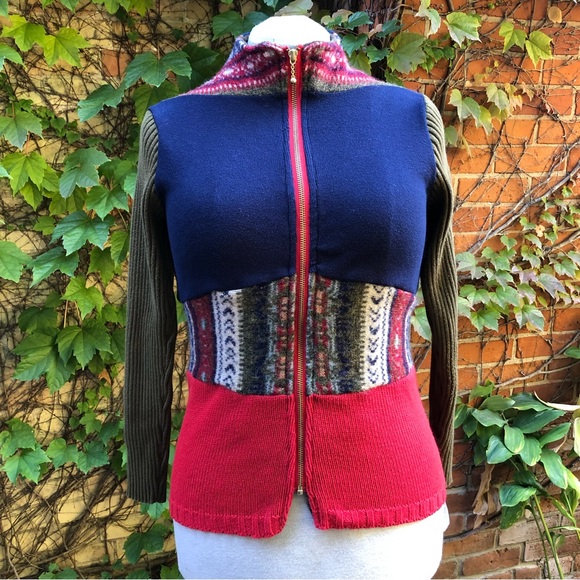 Zip Up Sweater Wool Cotton Upcycled Patchwork Medium Embody Blue Red Green - Picture 1 of 7